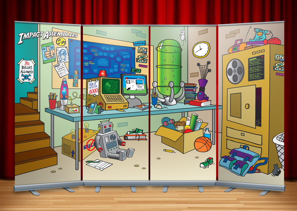 Final vertical banner designs for 'Spy Lab' backdrop