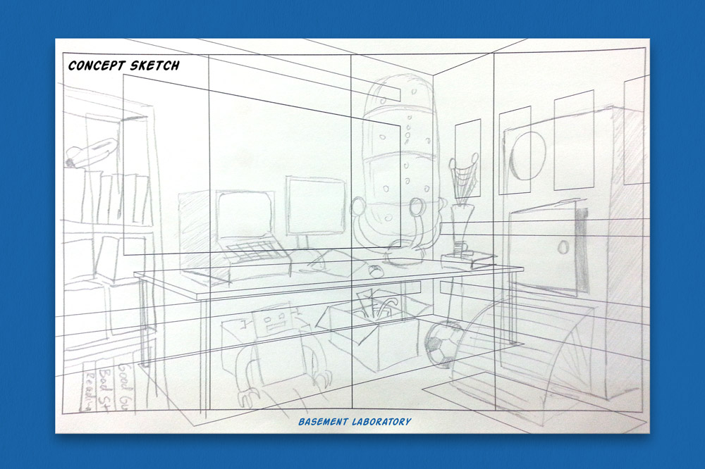 Concept sketch for the basement 'Spy Lab' idea