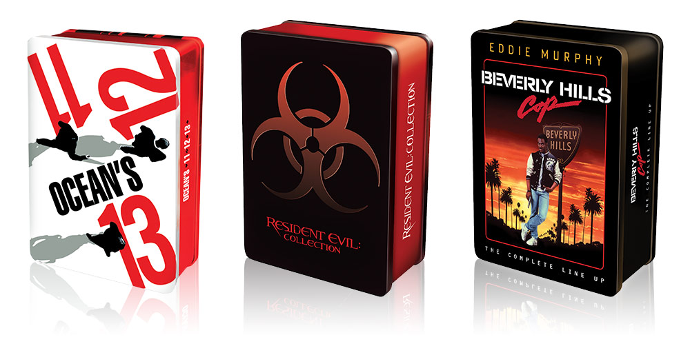 EzyDVD Collector's Tins - Ocean's, Resident Evil, Bev. Hills Cop